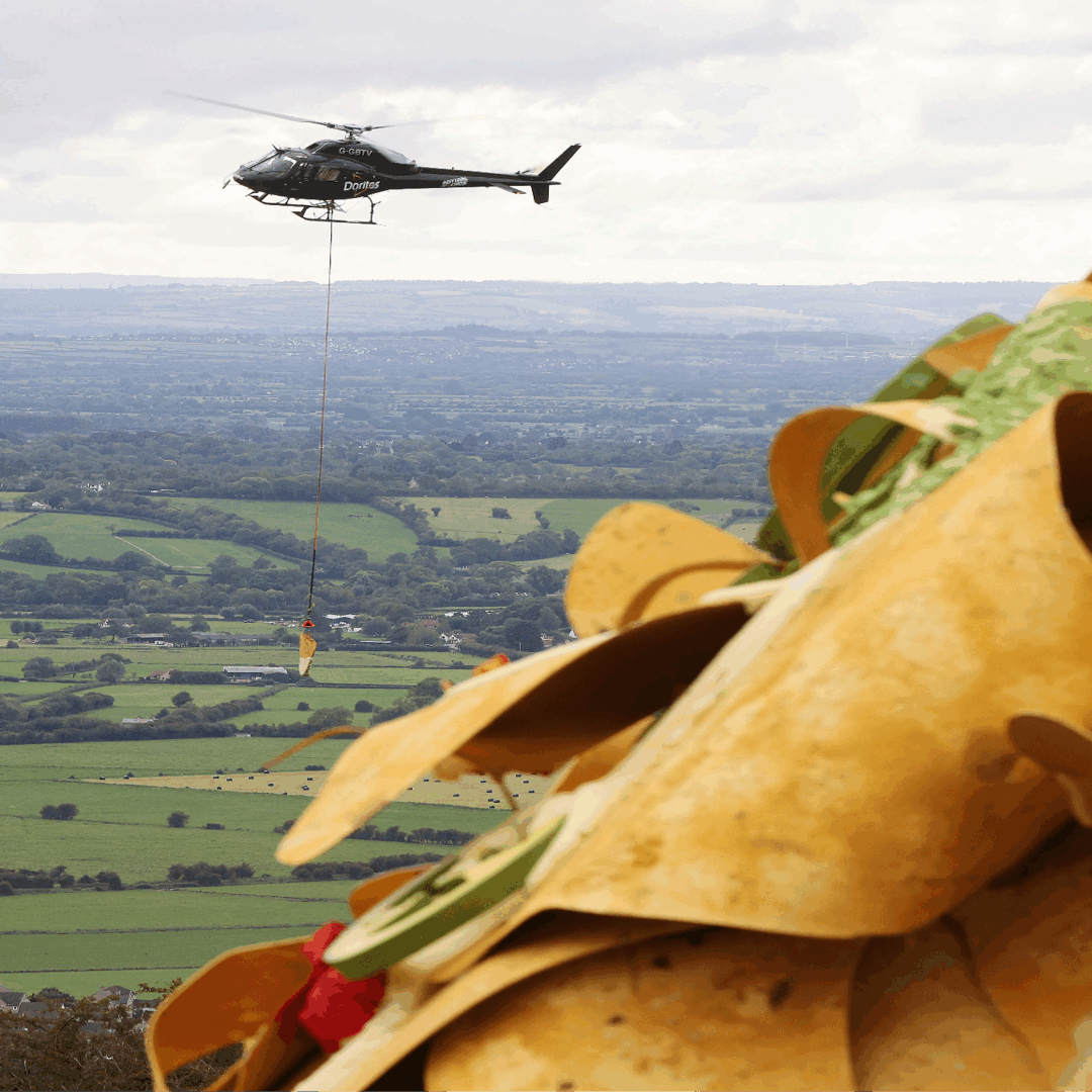 Helicopter flying over huge plate of nachos